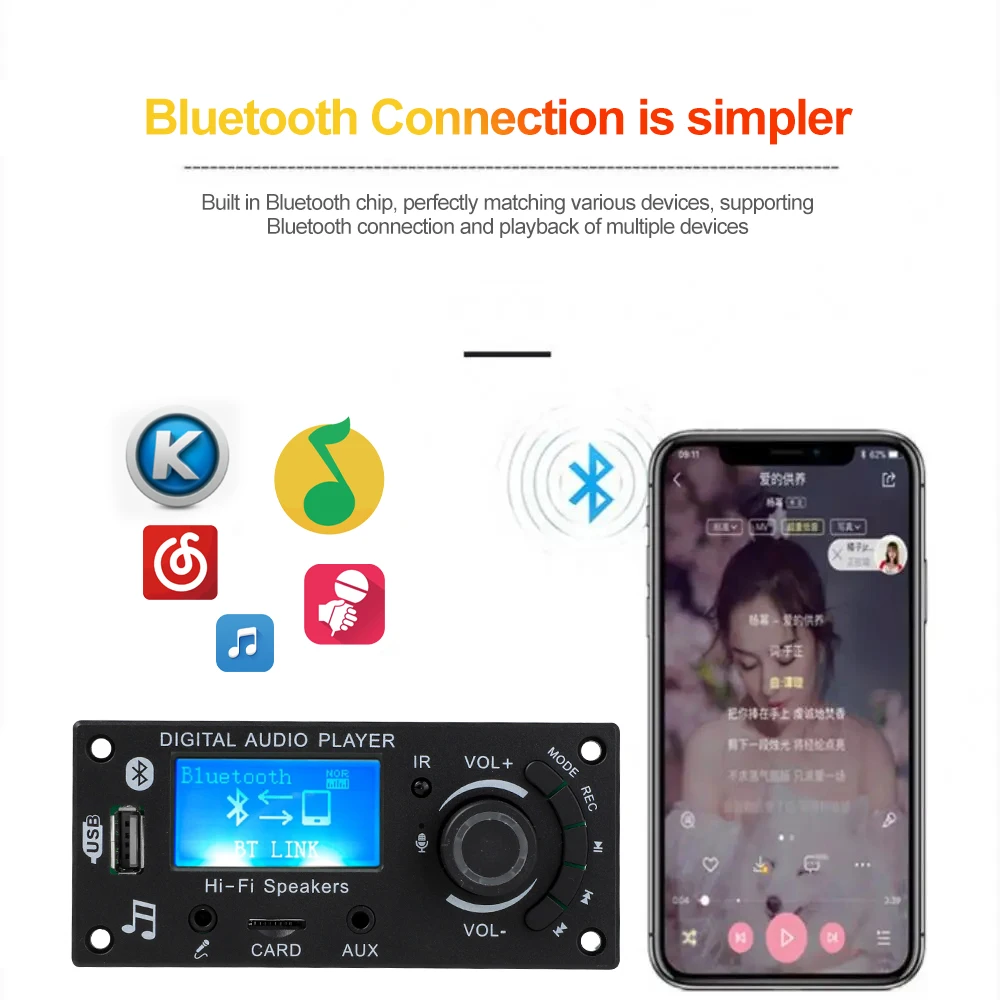 DC 12V Bluetooth 5.0 LCD MP3 WMA WAV Decoder Board Handsfree Car Audio Microphone Recording USB TF FM Mp3 Music Player Speaker