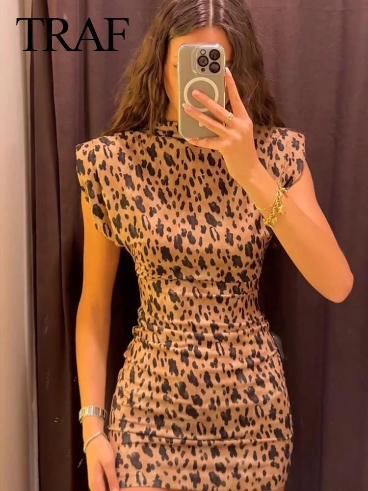 TRAF 2024 Woman Vintage Chic Leopard Print Sexy Sleeveless Dress Female Bodycon Summer Dresses Streetwear Casual Dresses