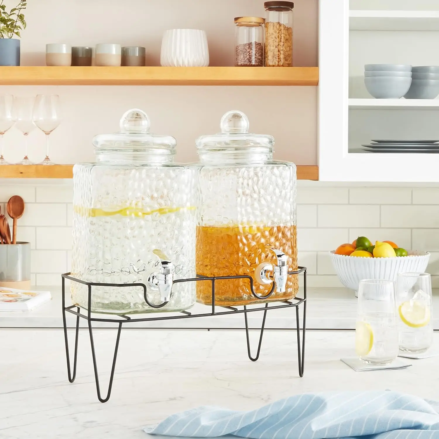 Glass Beverage Drink Dispenser w/Metal Stand Set of 2, 1.5 Gal