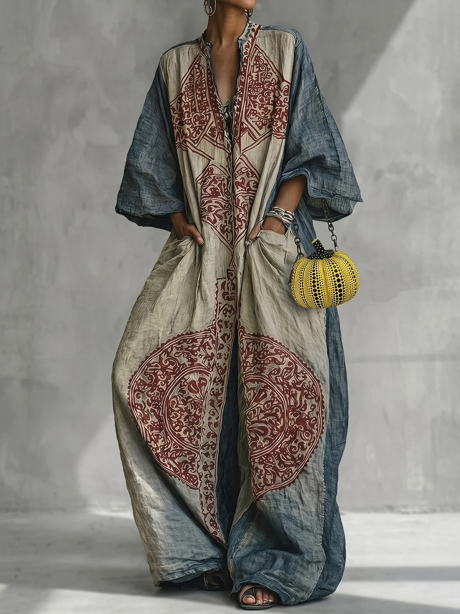

Bonboho Women's Ethnic Print Oversized Jumpsuit V-neck Three-quarter Sleeves Wide Leg One-piece Suit 2026 Summer Vintage Suit