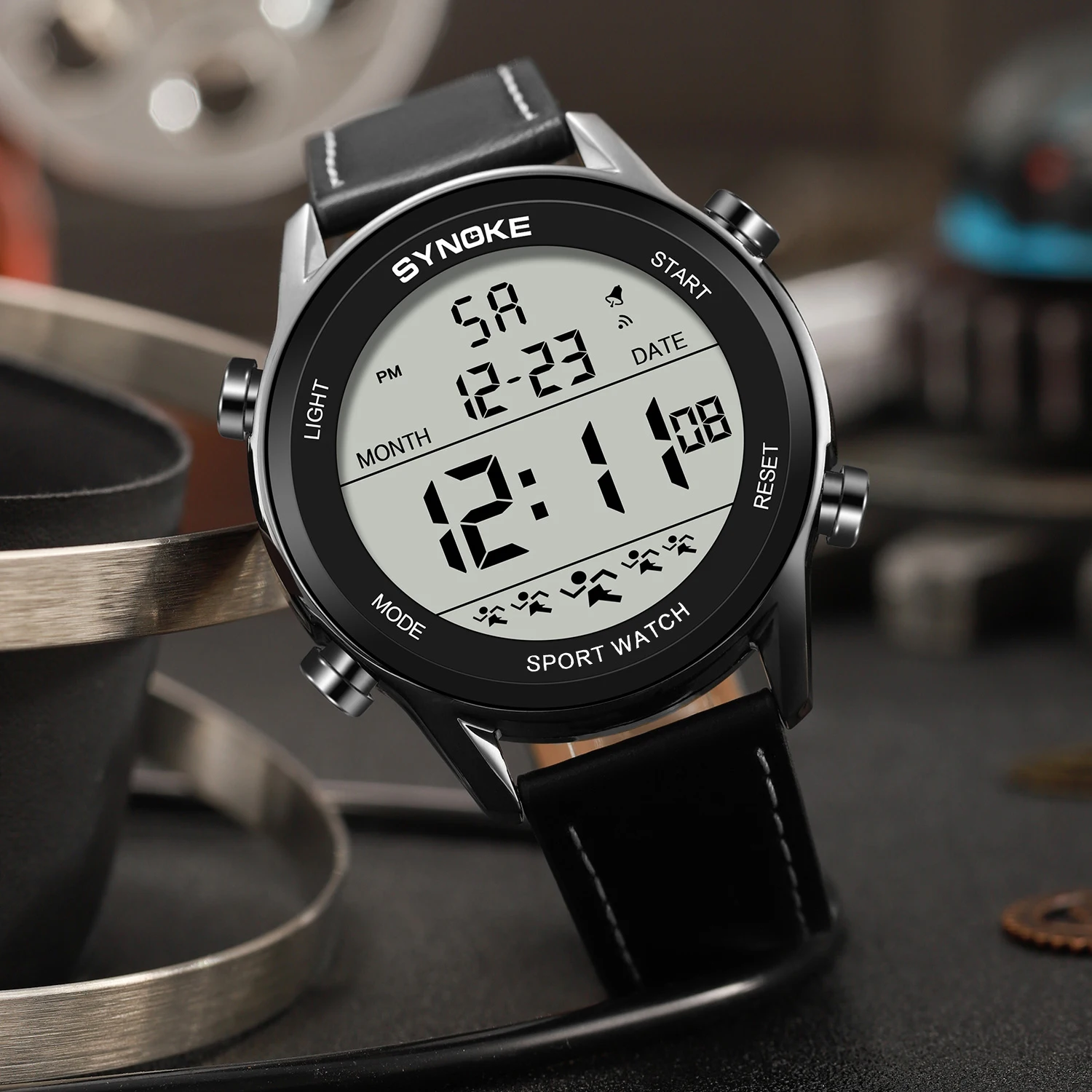남성용 디지털 스포츠 시계, 가죽 스트랩, SYNOKE 9855 전기 손목시계, 대형 스크린, 50M 방수