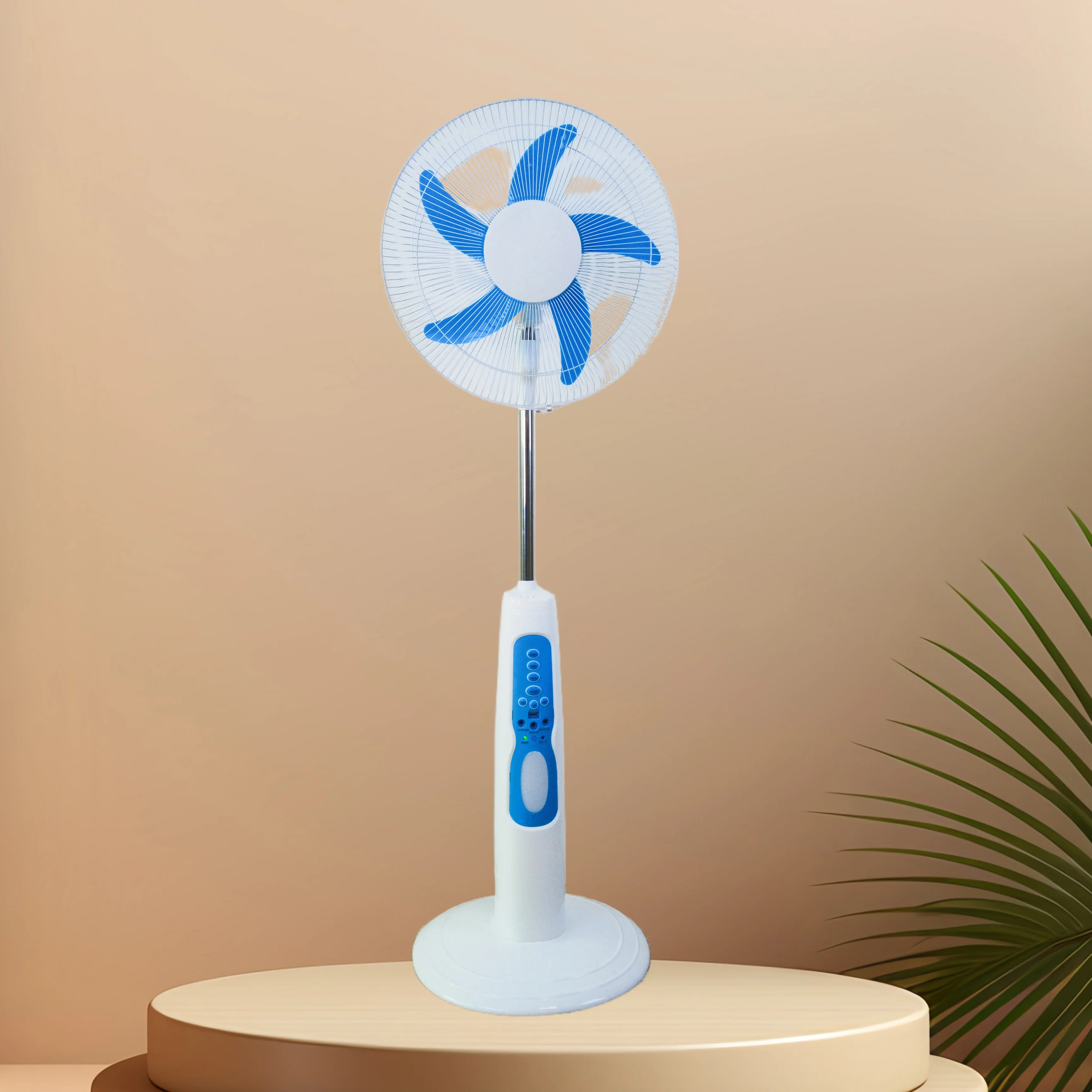 16inches Rechargeable Standing Fan with 12V 4Ah Battery with Light Remote Control 3-speeds Auto off Timer Can Charge Phone