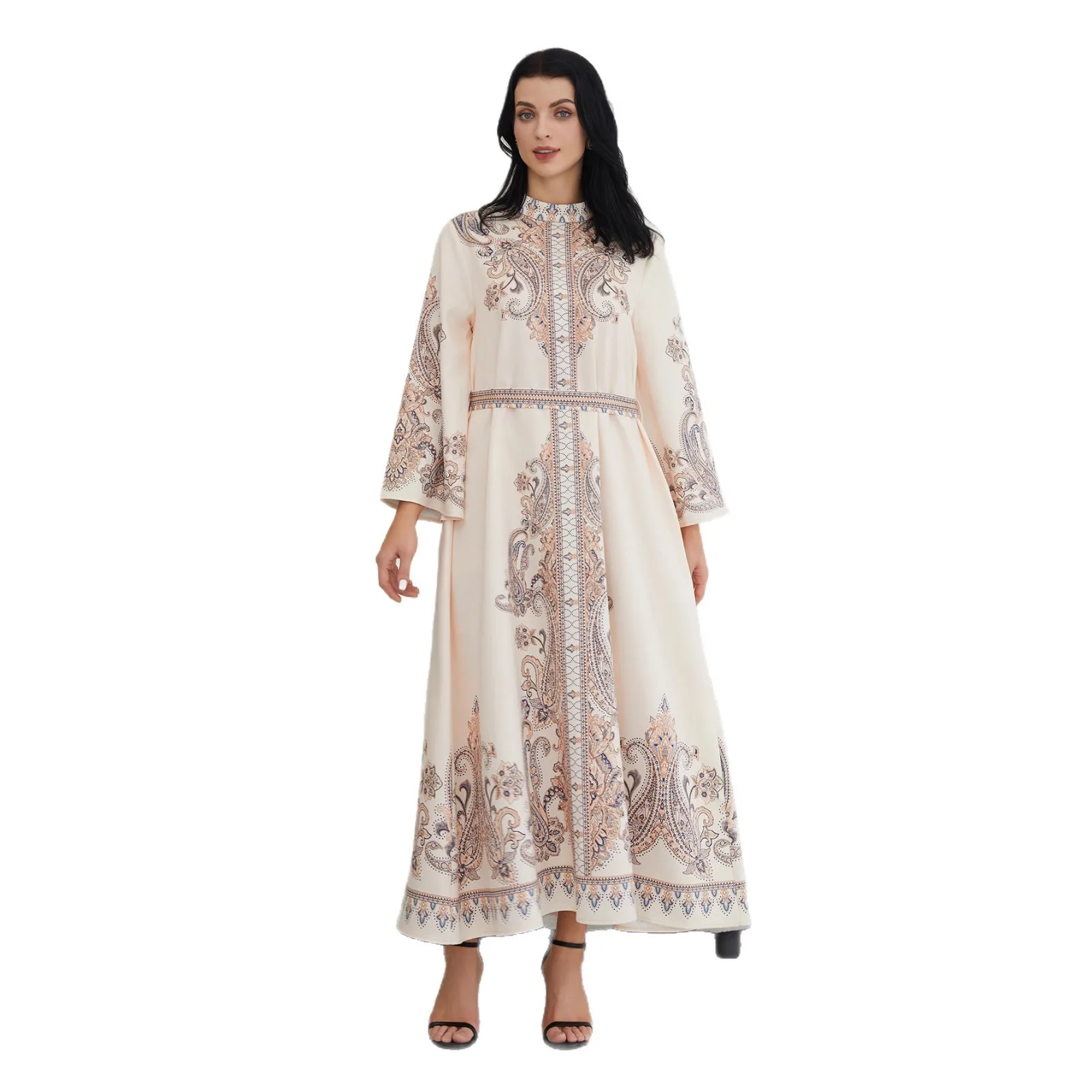 

Cross-border Amazon Middle East Muslim Long Dress Ethnic Style Retro Print Abaya Dress Abaya Cw98817