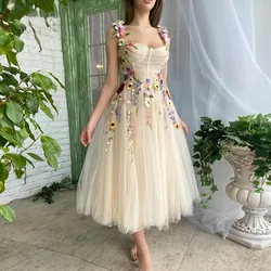 Customized Champagne Floral Tulle Midi Prom Dresses Sweetheart Flower Appliques Wedding Party Gowns Tea-Length Homecoming Maxi