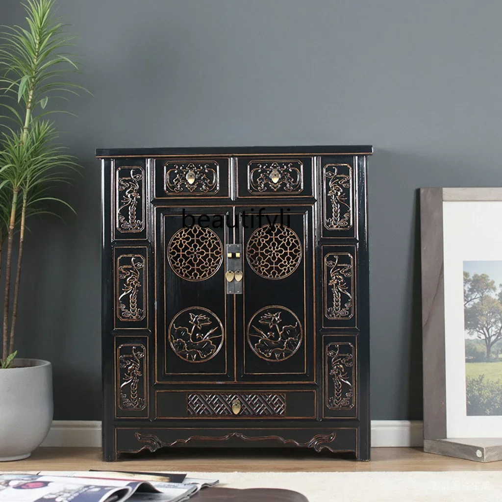 New Chinese Style Solid Wood Shoe Cabinet Entrance Hall Cabinet Antique Imitation Old Elm Wood Carved Gold-Embellished Cabinet