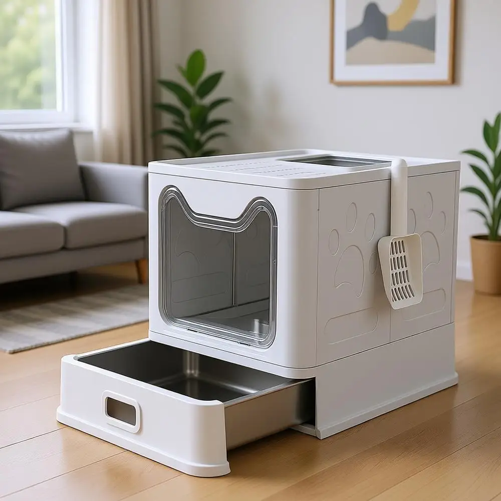 

Stainless Steel Cat Litter Box with Lid and Scoop - Foldable Large Enclosed Metal Litter Box for Big Cats - Anti-Leakage, No Sme