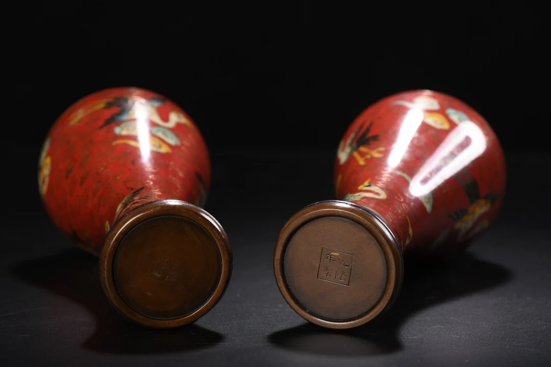 

8"Old Xizang Folk Collection Old Bronze Cloisonne Enamel Cloud Crane Plum Blossom Bottle Vase A Pair Amass wealth Ornaments