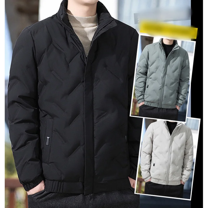 Jaket bulu angsa bermotif berlian kerah berdiri pria, tahan angin, hangat, ringan, jaket slim fit, atasan kasual serbaguna