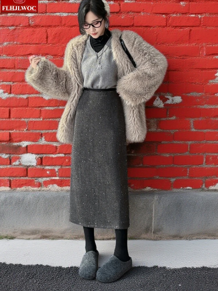 Bling Woolen Skirts New Year 2025 Autumn Winter Basics Woman Cute Girls Preppy Style High Elastic Waist Retro Vintage Long Skirt