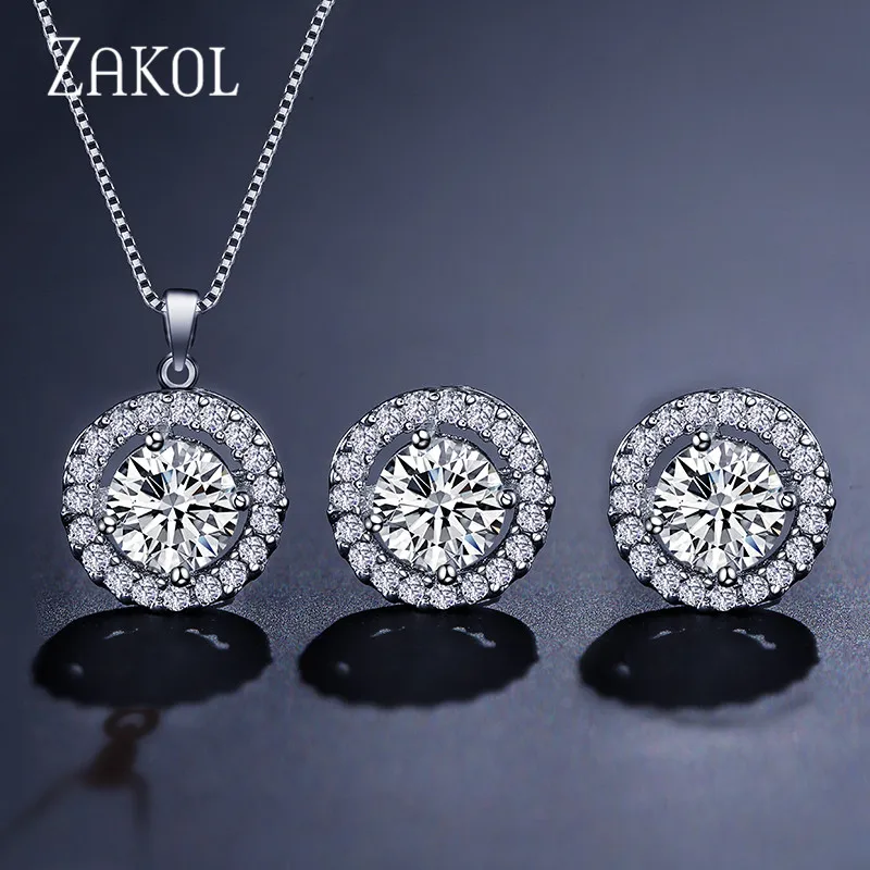 ZAKOL Nigerian Round Cubic Zirconia Wedding Jewelry Sets for Women Classic Micro Inlay Crystal Bridal Earrings Necklace Set