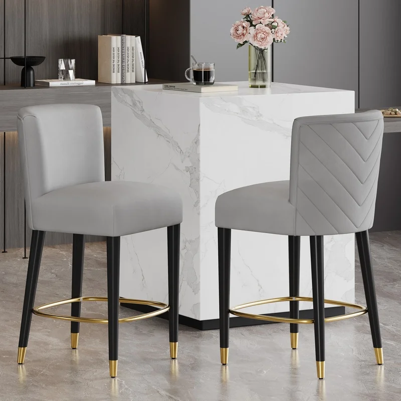 

27-inch Counter Stool, Modern Light Gray Fabric, Circular Gold Footrest, Sleek Elegant Design