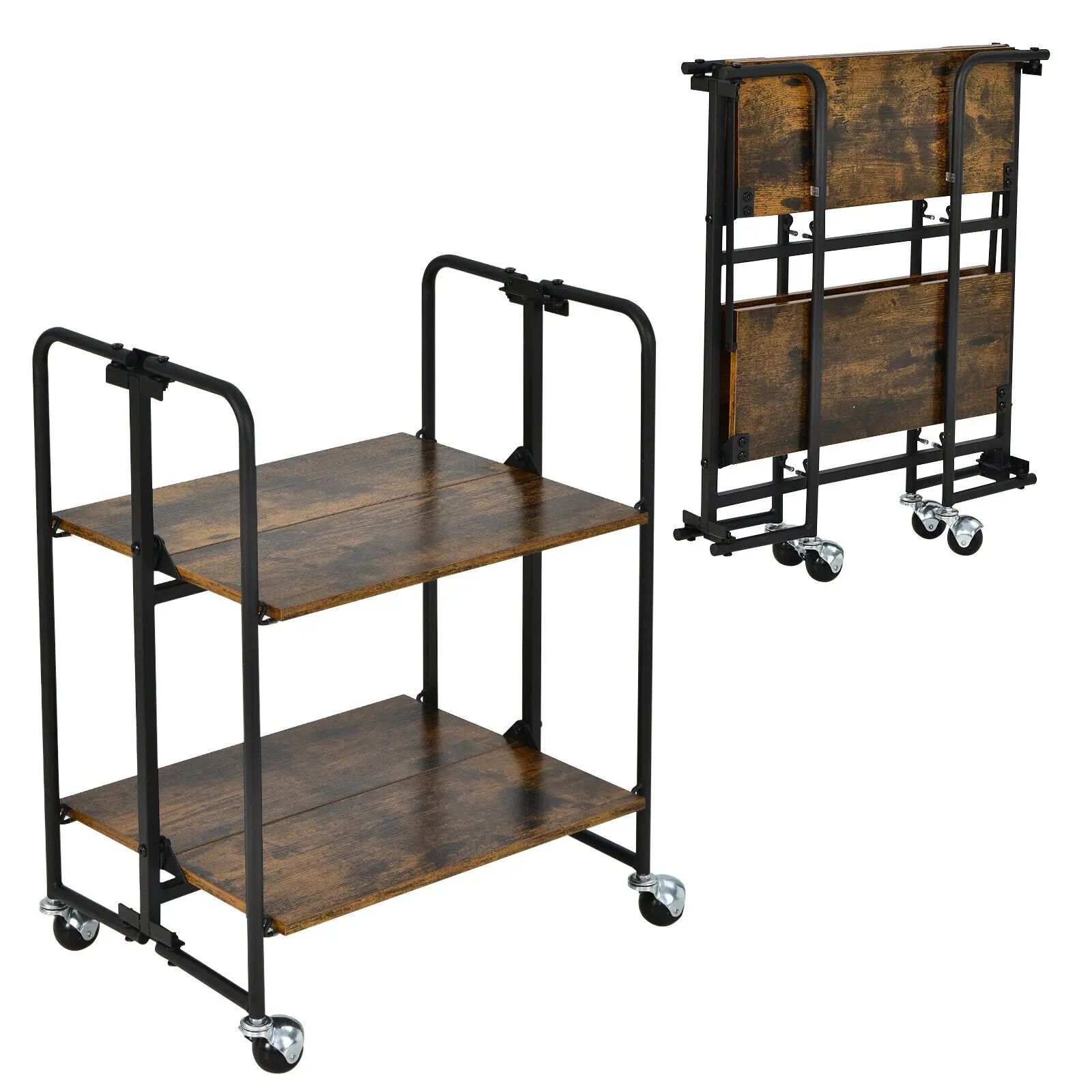 Costway 2-Tier Folding Rolling Cart Kitchen Serving Island Utility Storage Organizer