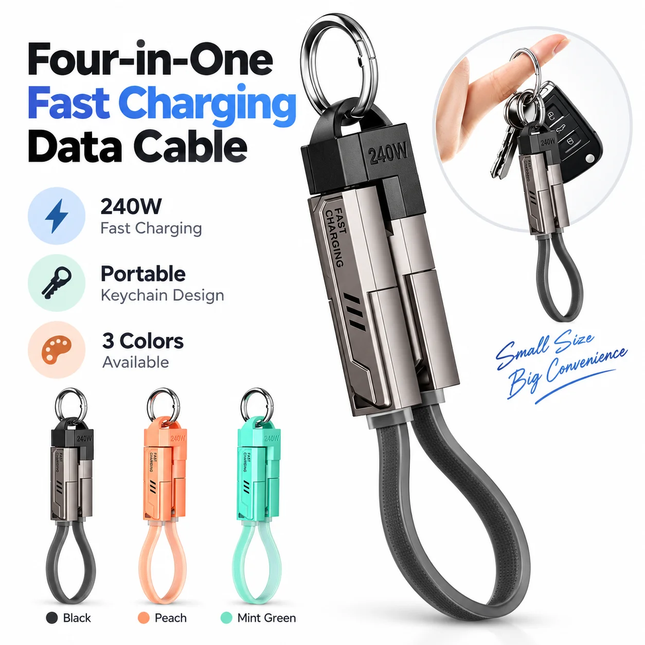 240W 4 in 1 Fast Charging Cable Keychain USB C USB A Type C Lightning Data Sync E Mark Cord for iPhone Android