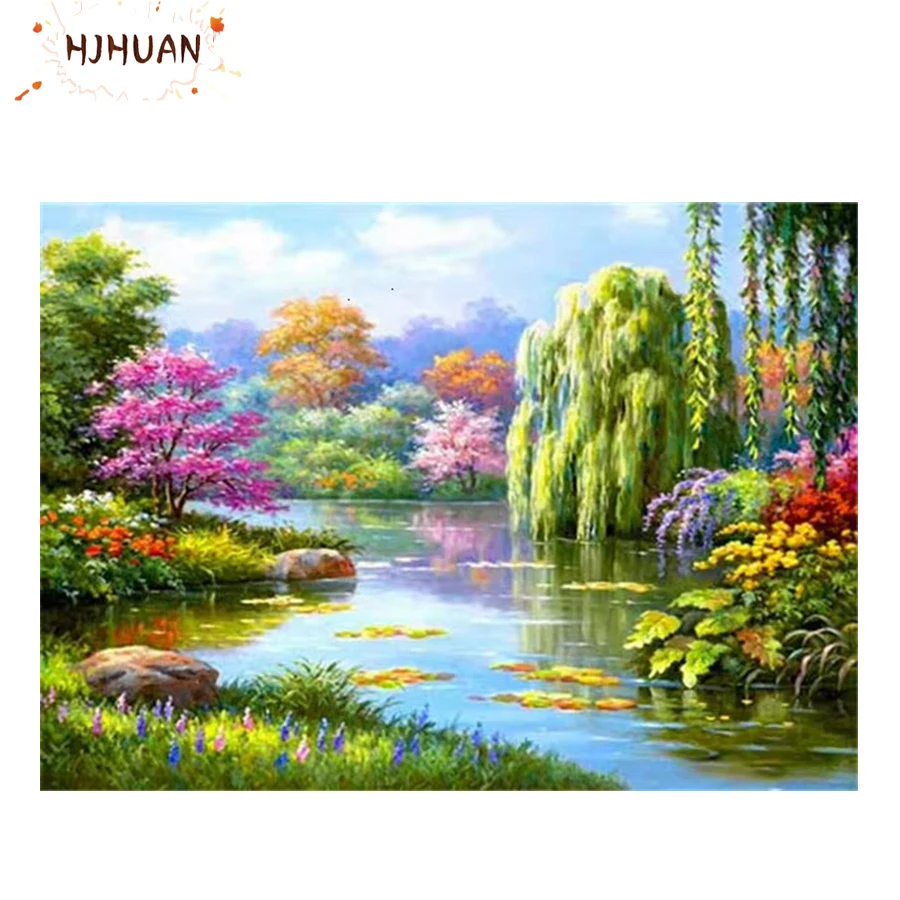 5D Diy Diamond Painting Little river, willow tree scenery  Full Round Square Drill Mosaic diy Wall Art Pictures Home Decoration