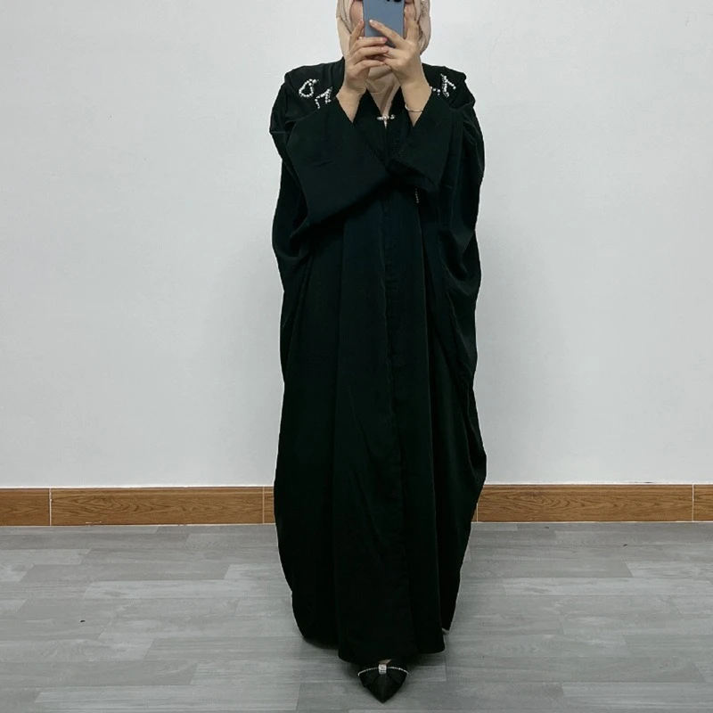 

Modest Muslim Kaftan With Loose Fit Long Sleeves Floral Embroidery And Beaded Details For Ladies Oversized Abaya