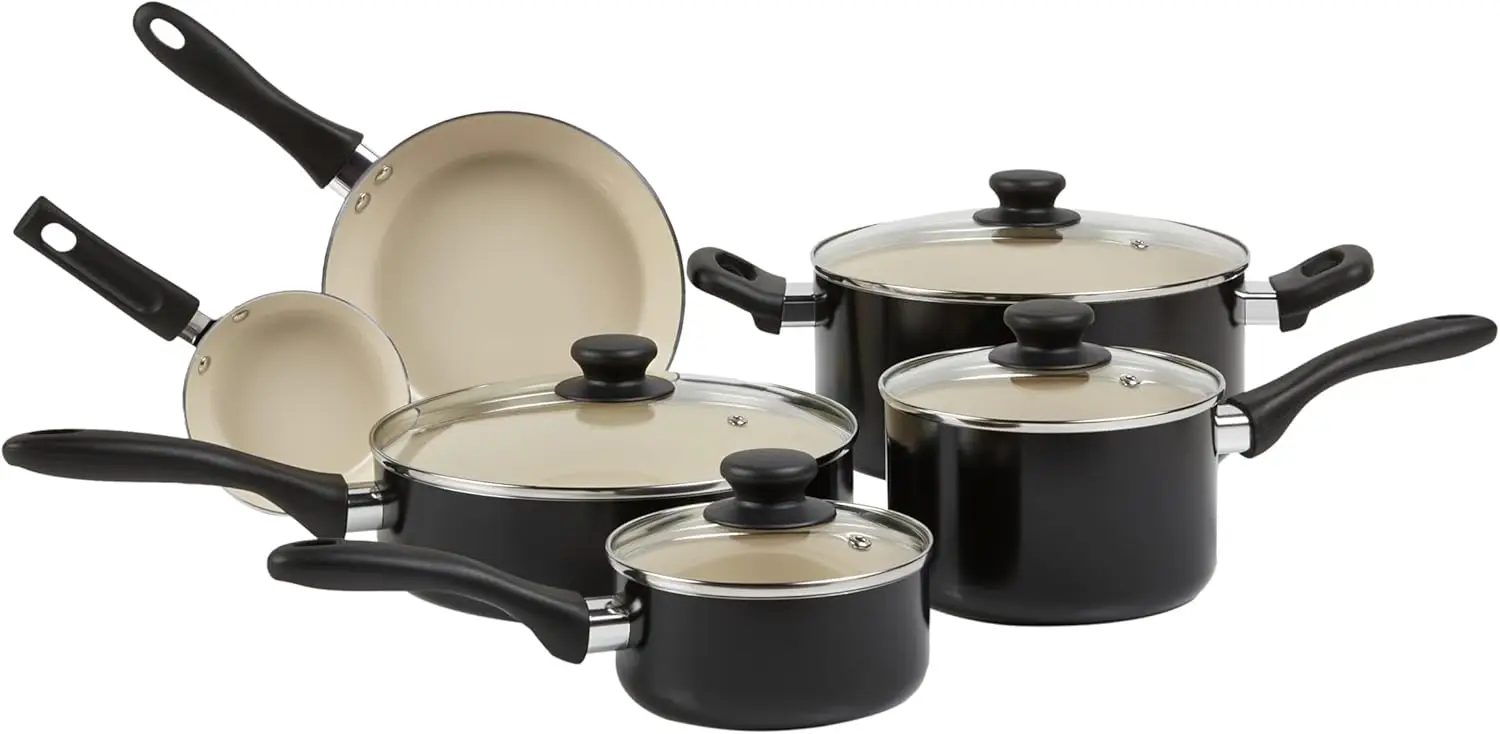 

11-Piece Ceramic Non-Stick Cookware Set, Dishwasher & Oven Safe, Easy Clean, Black/Cream for Home Kitchen