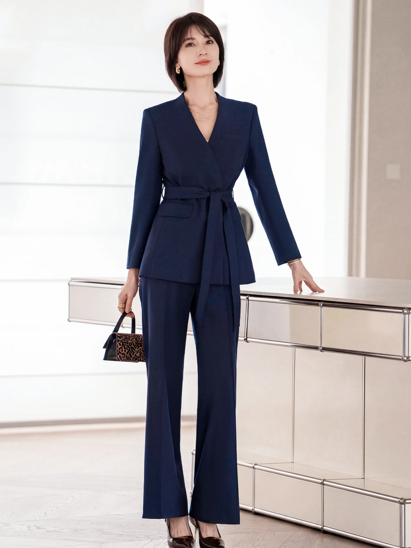 

Chic Busin Suit Set for Women Jiang Feifei Commute Slimming High Waist Long Pants V Ne Button up Ele Sle Spring Ne...
