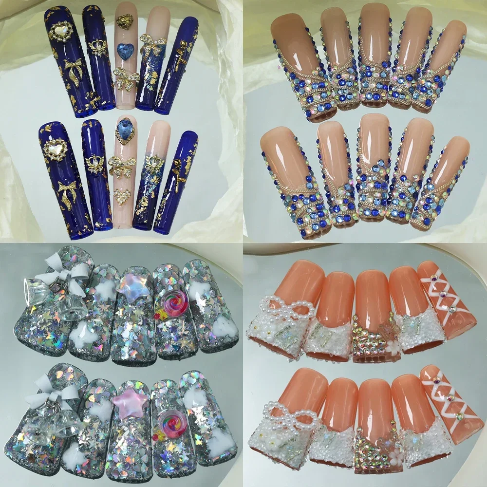 

10Pcs Handmade French Xl Long Square Stiletto Press On Nails Spice Girl Europe America Style Diamond Flower Wearable False Nail
