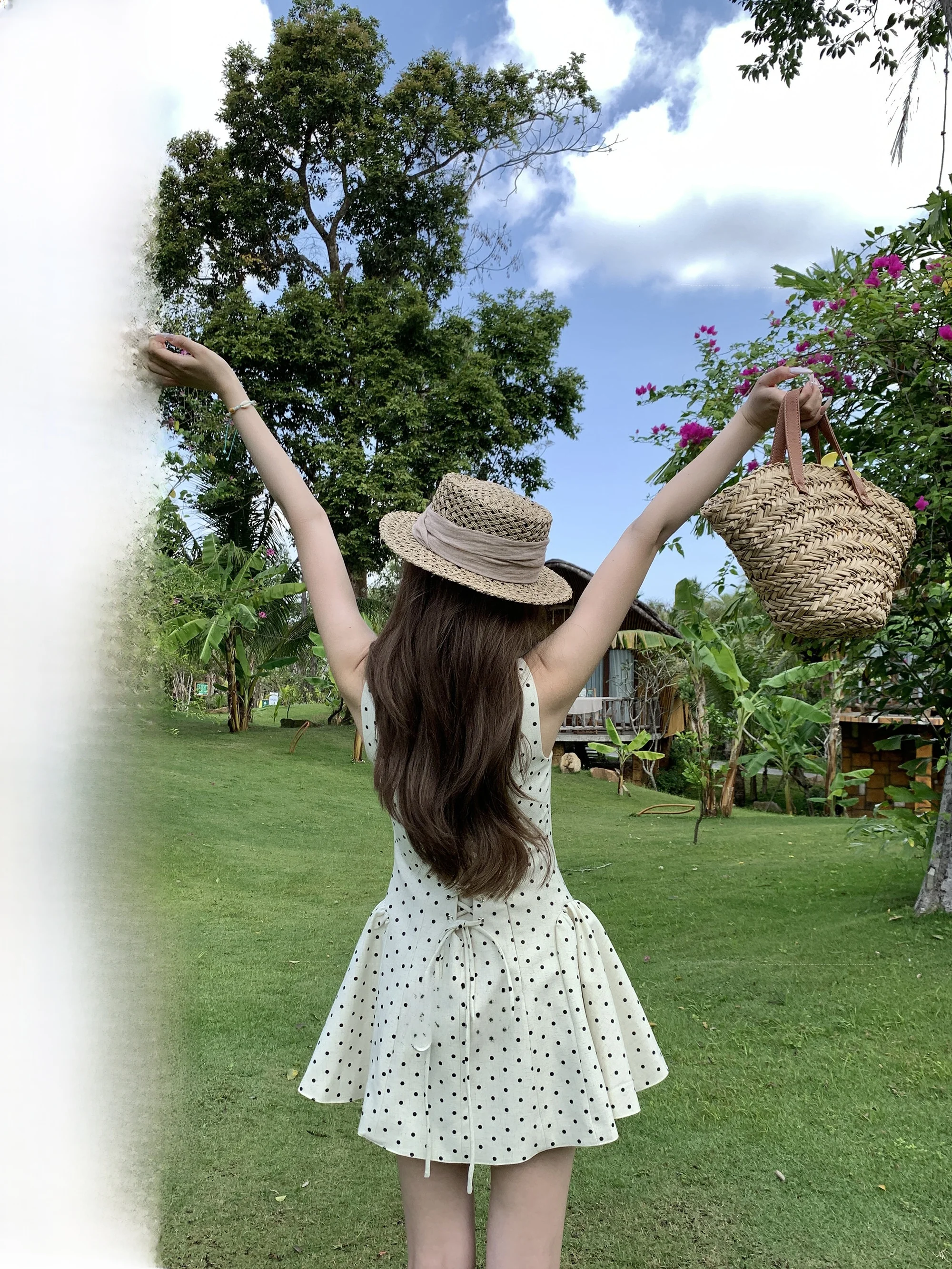 

Белое платье в горошек для женщин, весенне-летнее, с завязками на талии, для похудения, повседневное, свободного кроя, макси-платье