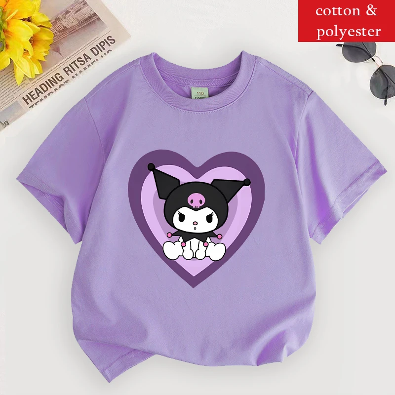 Kuromi T Shirt for Girl Sanrios Cartoon Children Clothes Korean Purple Kids T Shirt Short Sleeve Summer Casual Toddler Tee Tops