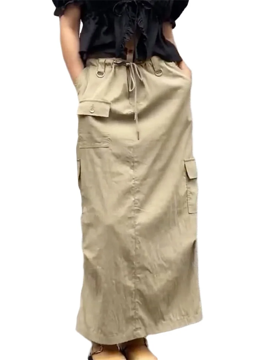 Womens Baggy Loose Size Cargo Skirts High Waist Pockets Drawstring Vintage Long Skirt Y2K Retro Streetwear