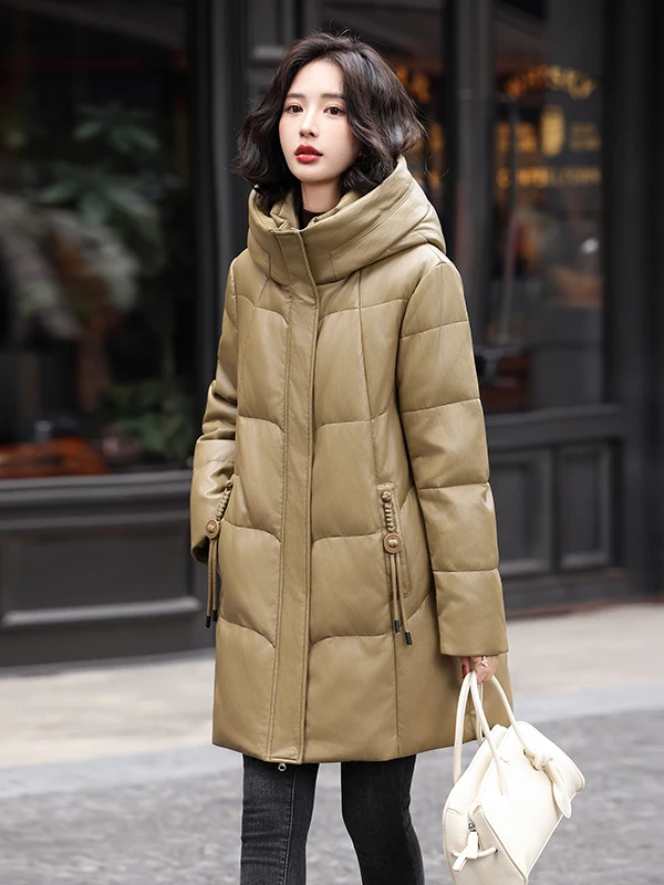 本革ダウンジャケット レディース ミディアム丈 2025年冬新作 人気新モデル 海寧レザーコート アウター
