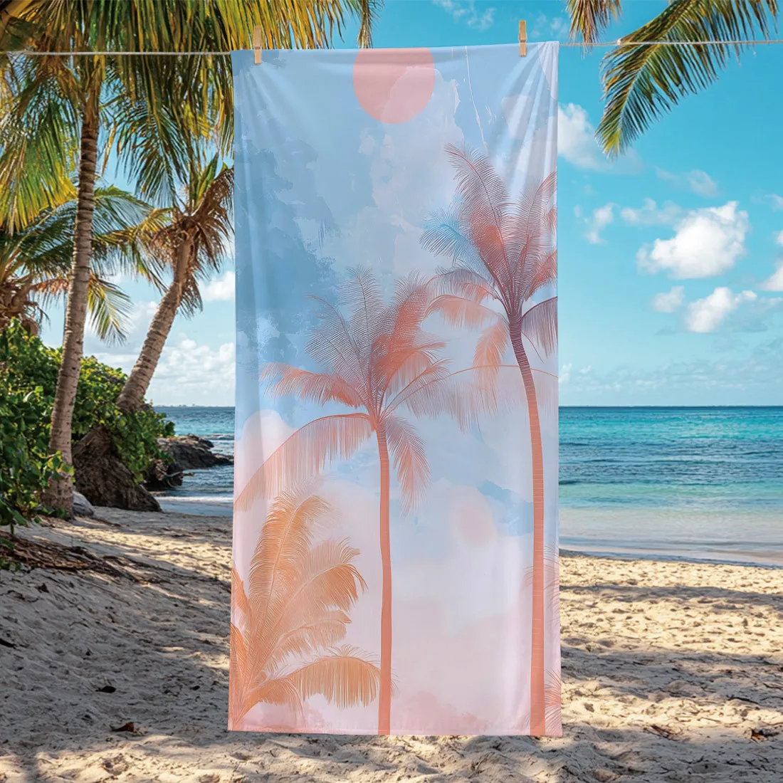 

1PC Boho Palm Tree Sunset Beach Towel, Quick Dry Lightweight Polyester Towel, Soft Absorbent Summer Vacation Towel for Swimming