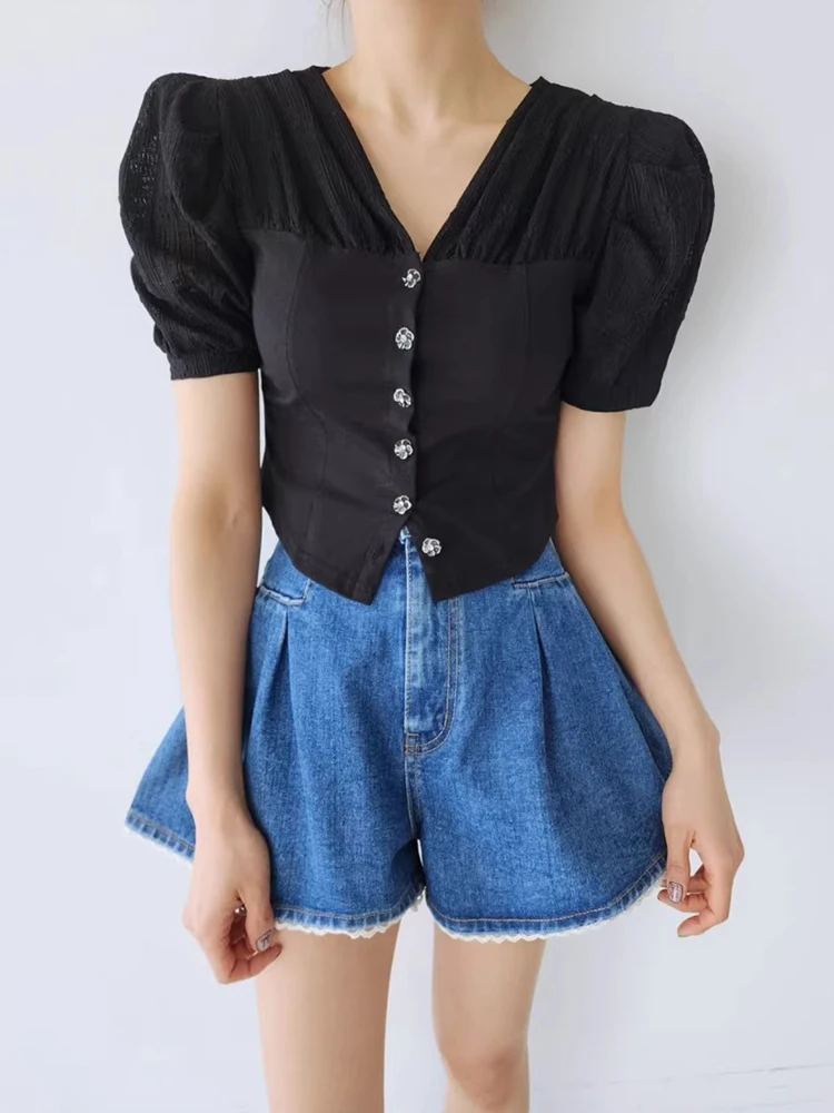 여름 시크 하이웨이스트 와이드 레그 진 반바지 여성용 프레이드 레이스 트림 스플라이싱 플리츠 빈티지룩 데님 반바지