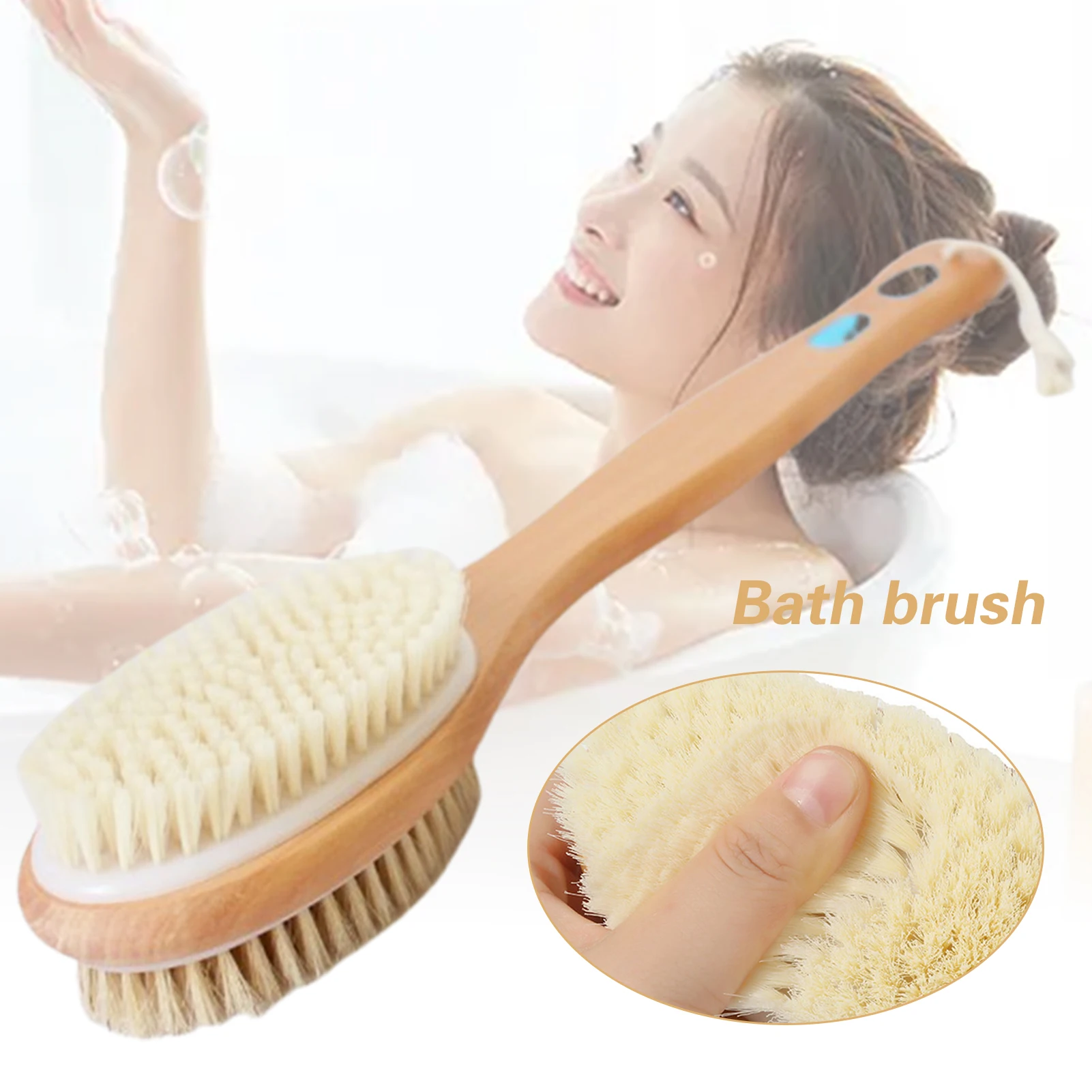 Portable Bath Brush Soft Hard Bristles Double Sided with Wooden Handle Body Exfoliating Scrubber Long Handle Skin Massager