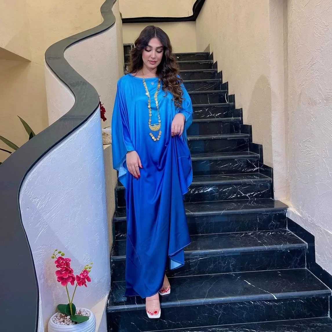 

Eid Muslim Satin Dress for Women Dubai Abaya Turkey Kaftan Djellaba Ramadan Islam Jalabiya Caftan Marocain Femme Arabic Robe New