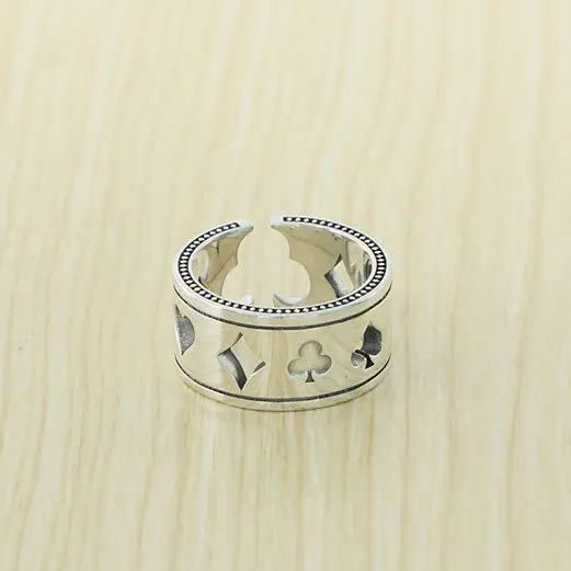 

Korea East Gate 925 Sterling Silver Heavy Work Old Style Ins Poker Hollow out Square Spade Open Ring for Men and Women