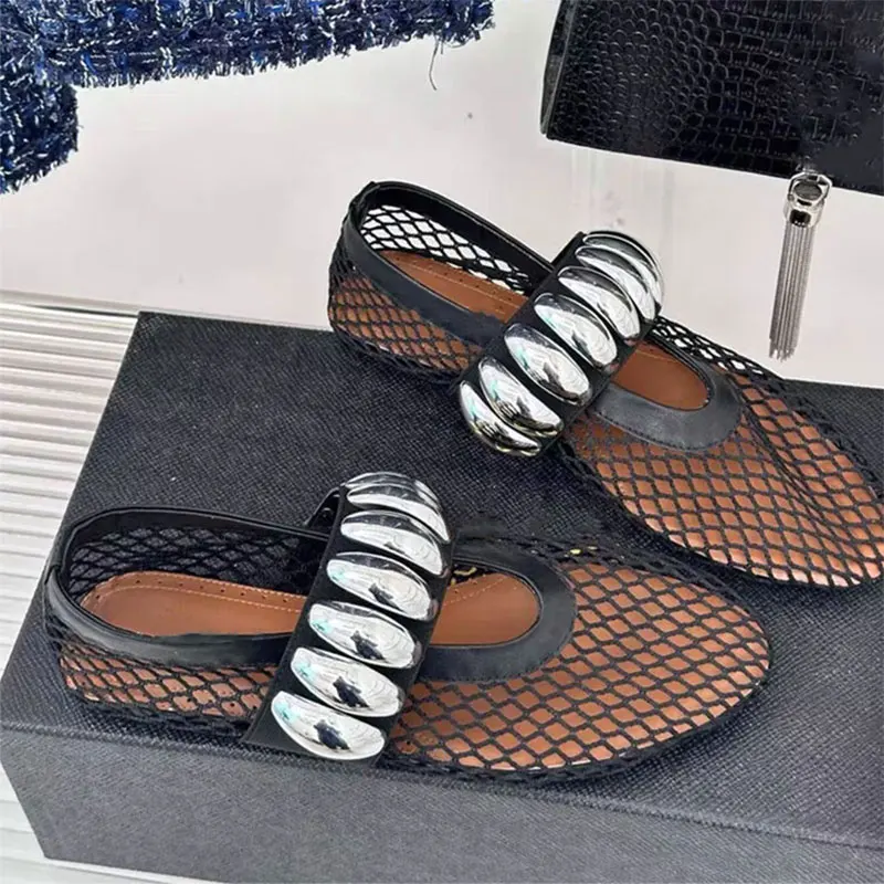 

Fashionable metal buckle mesh one line with hollowed out Mary Jane single shoes for women's new flat and comfortable ballet shoe