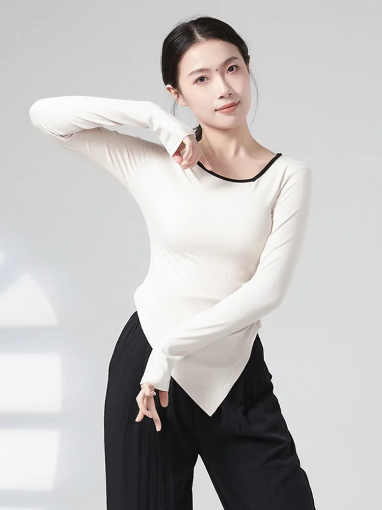 

Dance Competitions Modern Dance Attire Black Irregular Long Sleeved T-shirt for Wo2025 Spring New Design Sense Niche Bottom Top