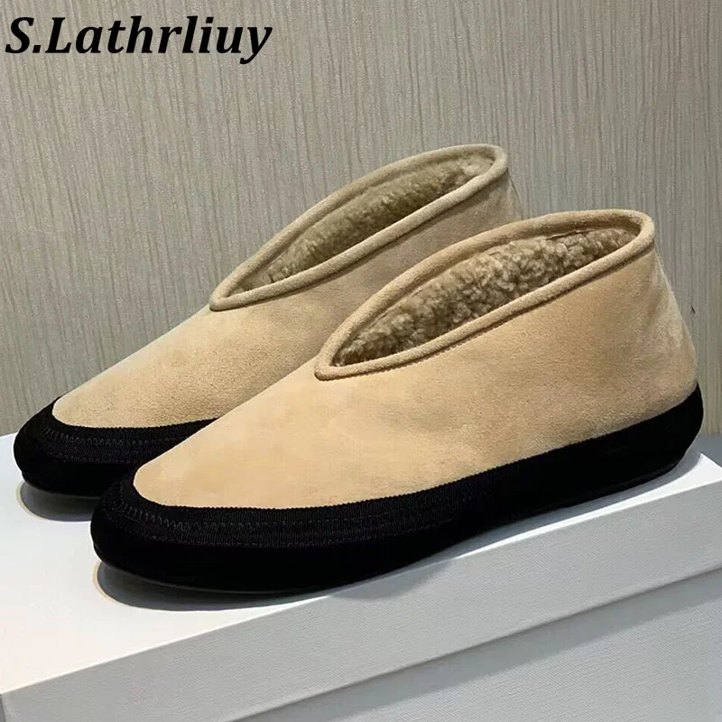 

Winter Round Toe Cow Suede Flat Shoes Women's Wool Lined Warm Cotton Boots Female Leisure Vacation Comfortable Walking Shoes