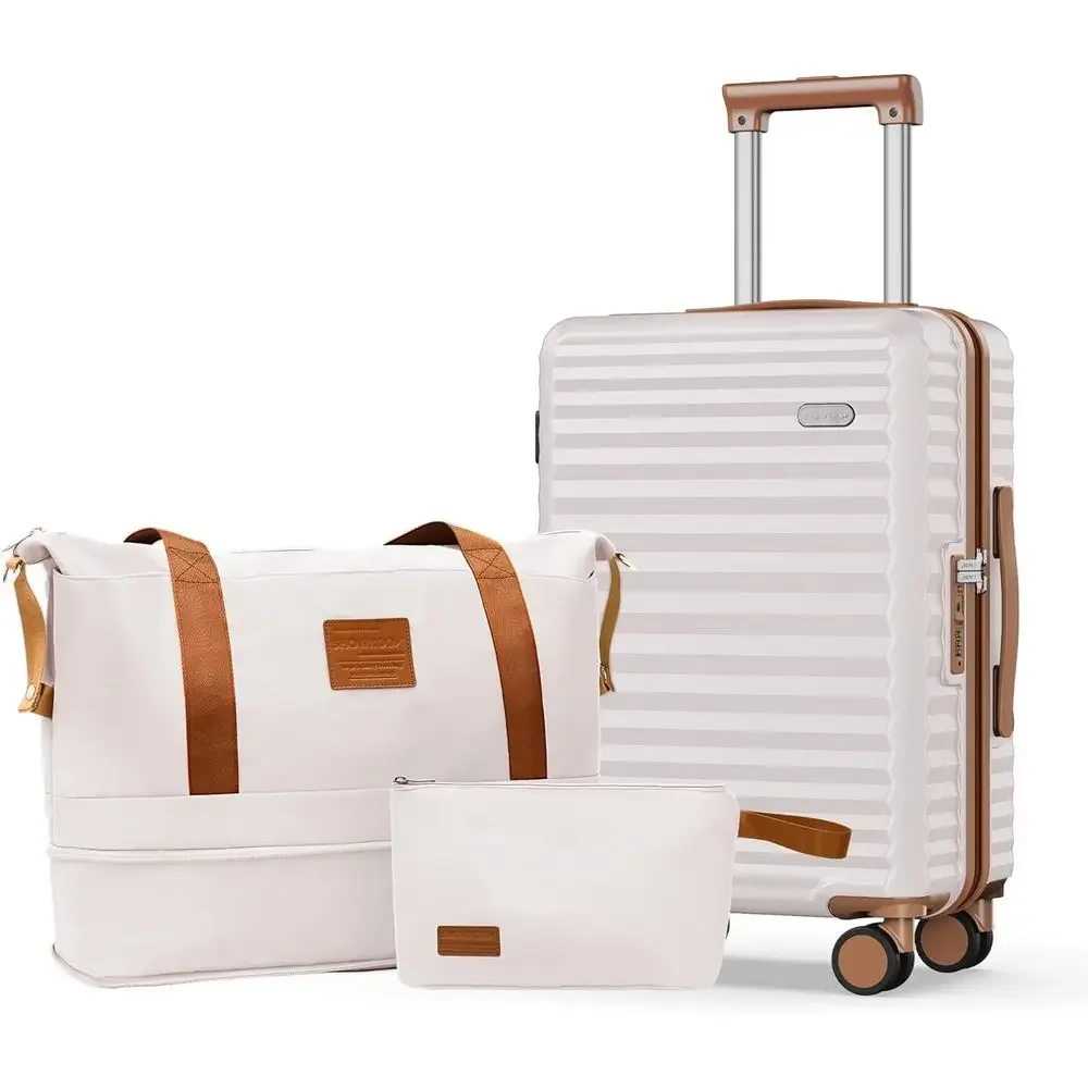 

Carry-On Hardshell Lightweight 3-Piece Luggage Set with Spinner Wheels and TSA Lock, Beige White