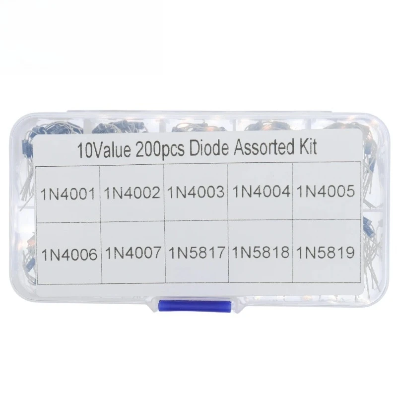 200Pcs 10 Values Rectifier Diode Assorted Kit 1N4001 1N4002 1N4003 1N4004 1N4005 1N4006 1N4007 1N5817 1N5818 1N5819 with Box