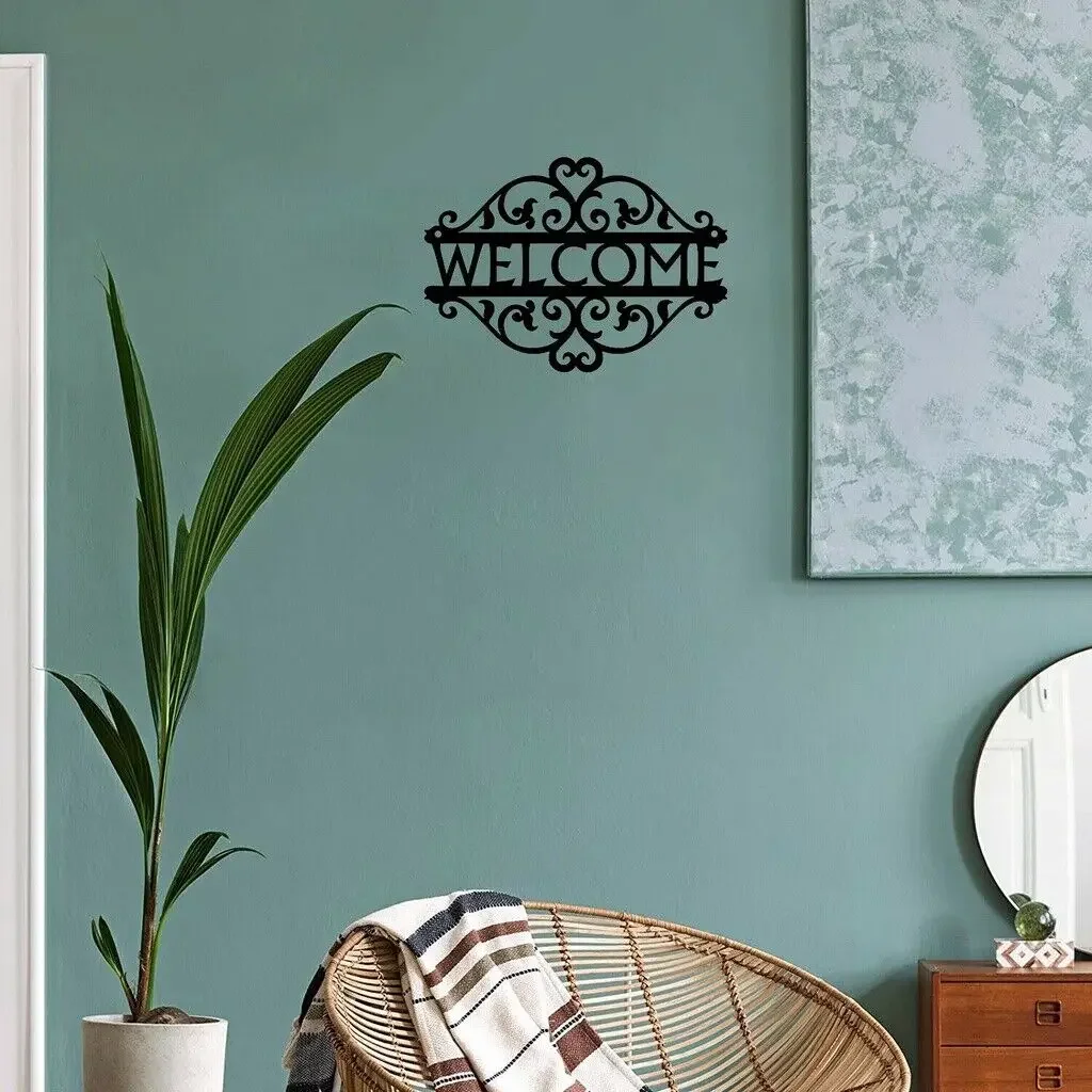 Decorative Curling Vine Metal Art Welcome Sign Metal Ornaments Wall Stickers Home Indoor And Outdoor Decoration, Room Decor