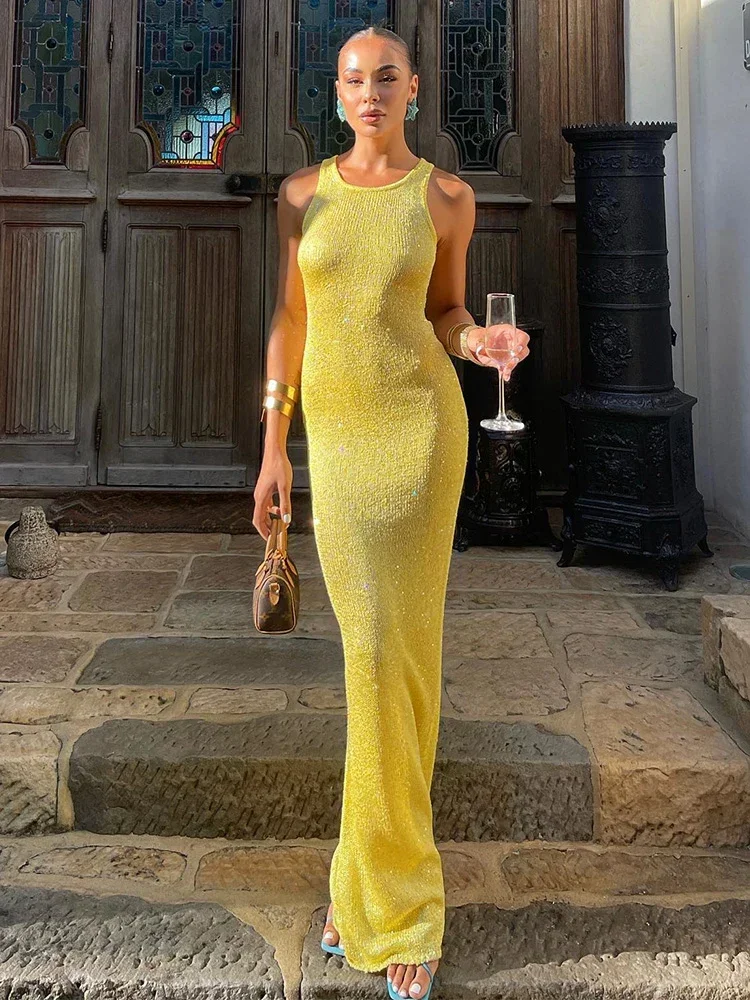 

2026 Sexy U Neck Sleeveless Sequin Slim Women Knitted Beach Dress Summer Fashion Party Vestidos Dresses Swimsuit Cover Up A2866