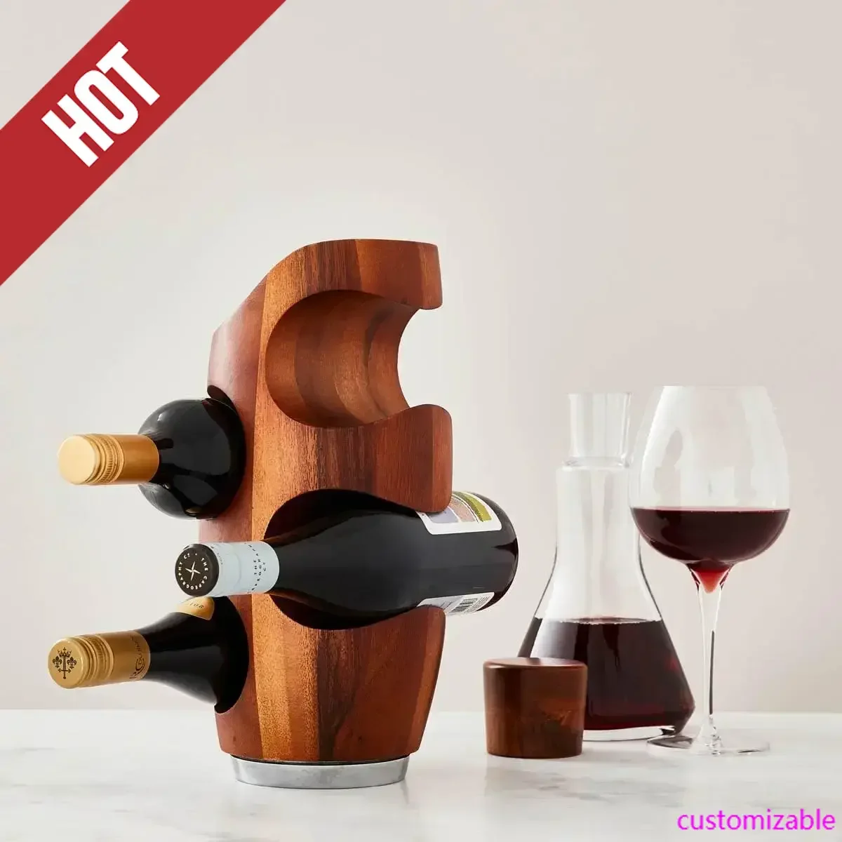 

Vie Wine Rack ,Elegant 4-Bottle Holder ,Made Of Acacia Wood With Alloy Base | 13 Inch Small Wine Rack | Stylish, Perfect,customi