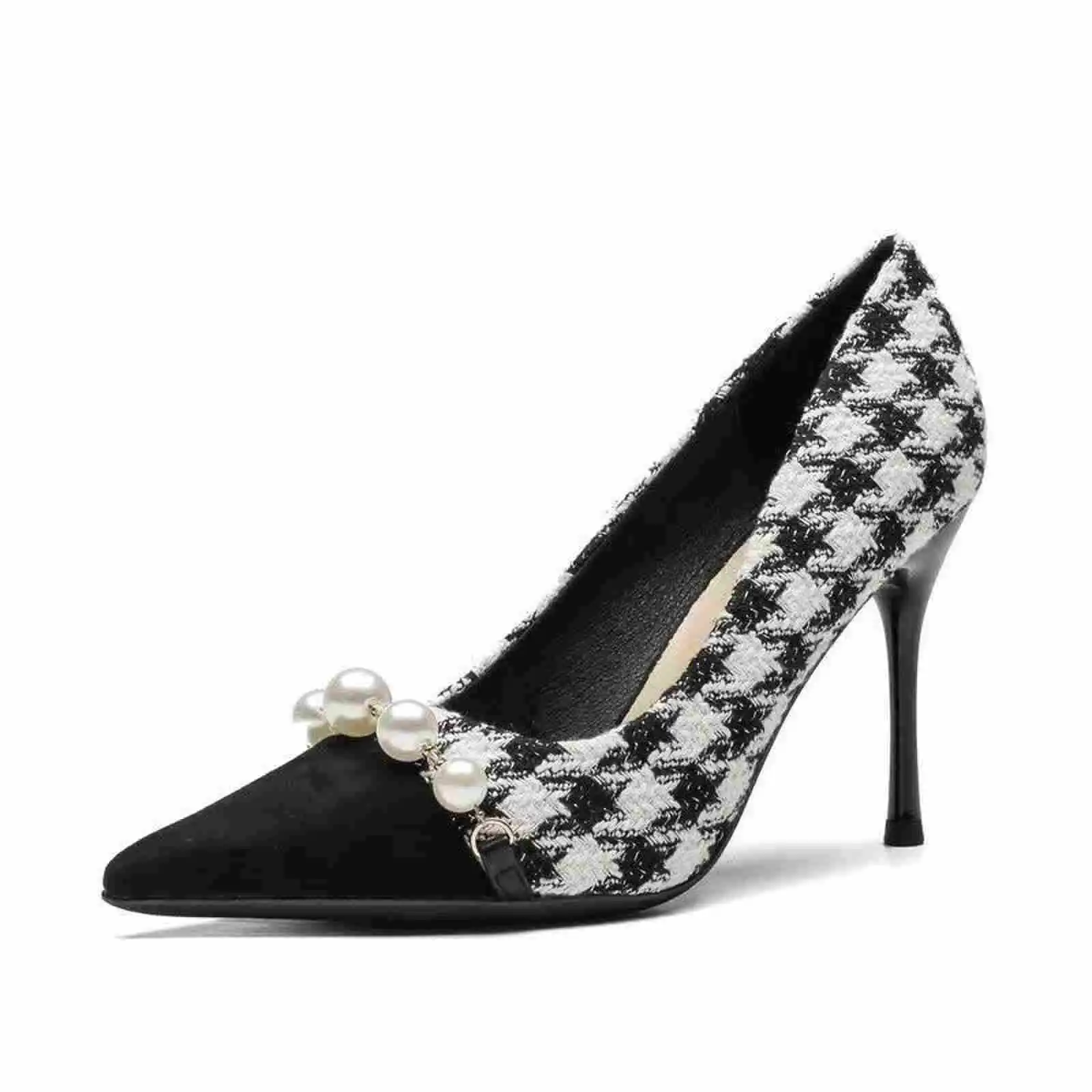 Nuove donne Tacchi alti Décolleté Punta a punta sexy Tacchi sottili Lady Perla Catena di metallo Scarpins Stiletto Zebra Plaid Scarpe Plus Size 42