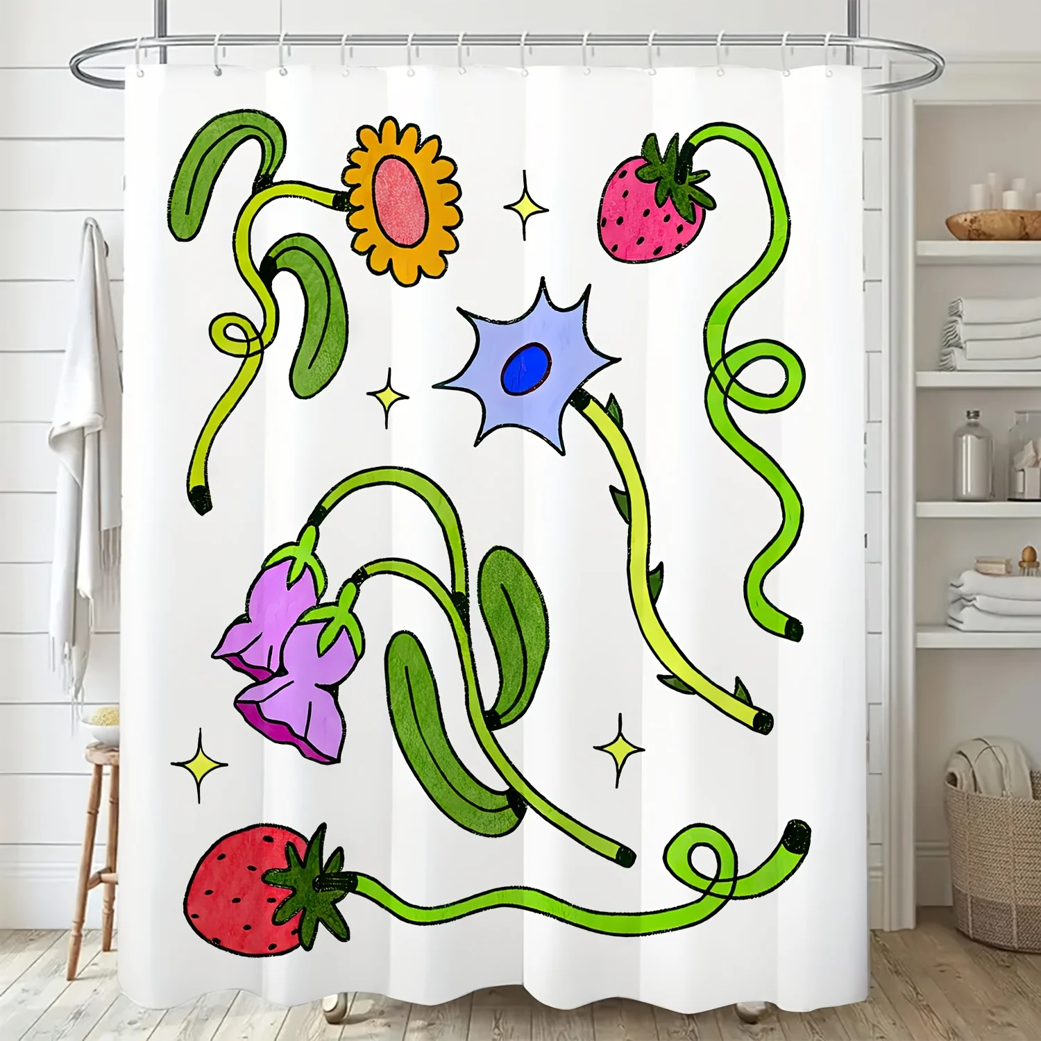 

1 шт., занавеска для душа с мультяшным принтом в стиле ретро-граффити — яркий цветочный и звездный дизайн, декор для ванной комнаты из полиэстера с крючками, машина