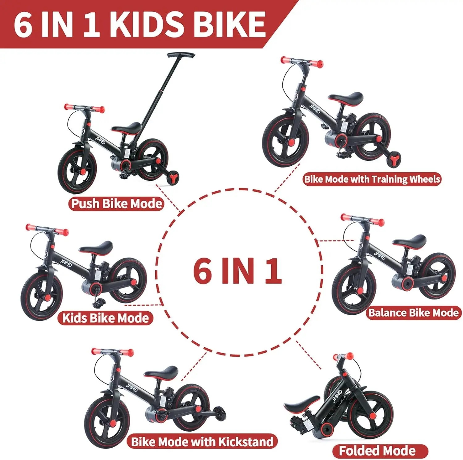 Toddler Bike with Push Handle for Kids 1-3 Years, 6 in 1 Push Bike with Training Wheels & Pedals, Balance Bike for Boys and