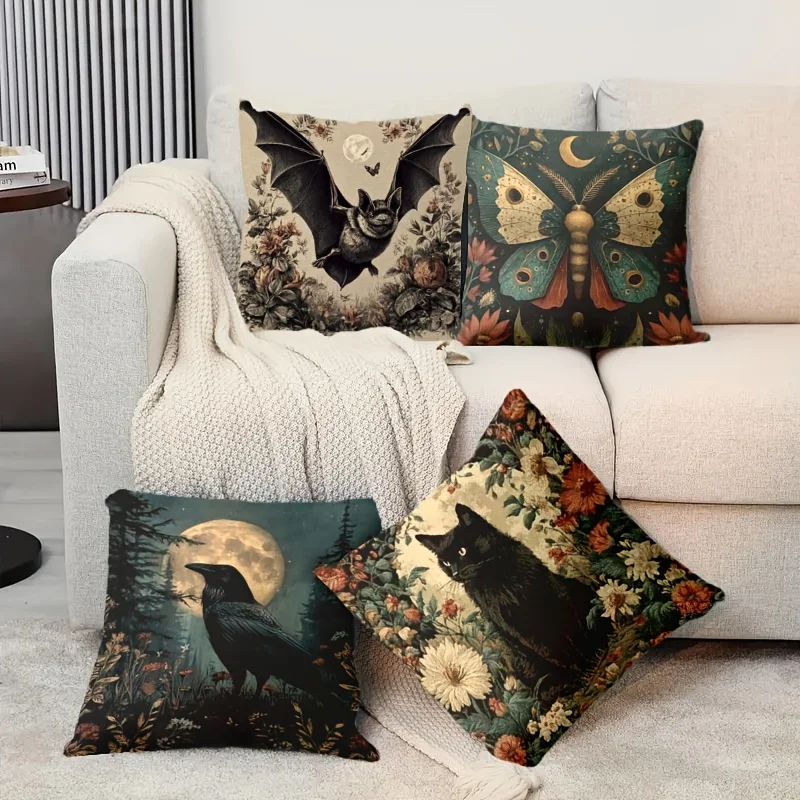 4pc Set of 4 Vintage Gothic Witchy Throw Pillow Covers  Floral Bat Cat Crow Moth Decorative Pillow Cases For Home Sofa Couch