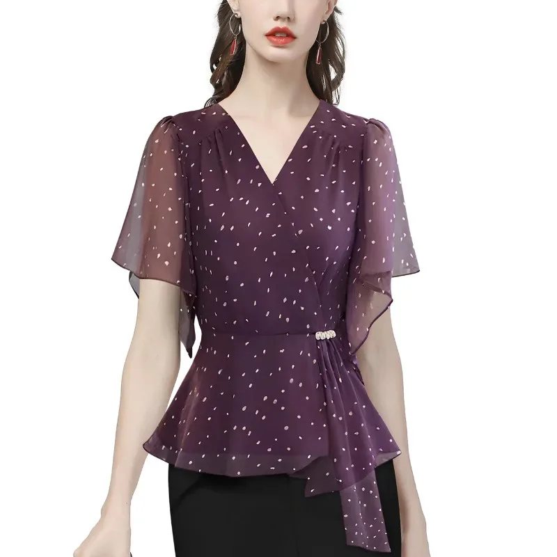 

Женская фиолетовая блузка в горошек с V-образным вырезом, рукавами-крылышками и поясом, повседневный прозрачный топ