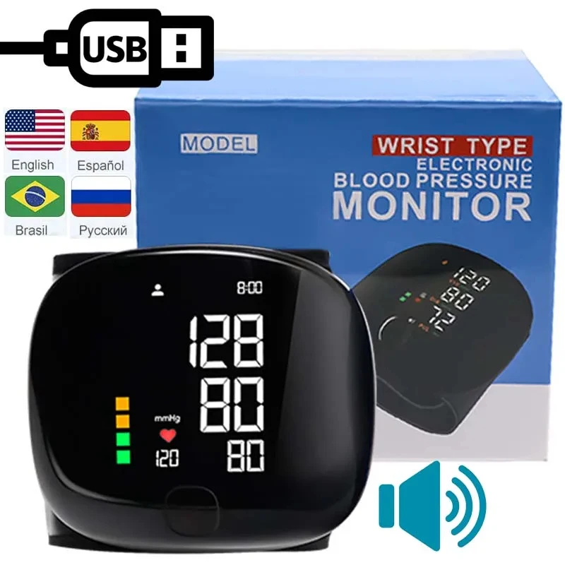 Monitor de Pressão Arterial Digital Recarregável com LED e Transmissão de Voz em Inglês