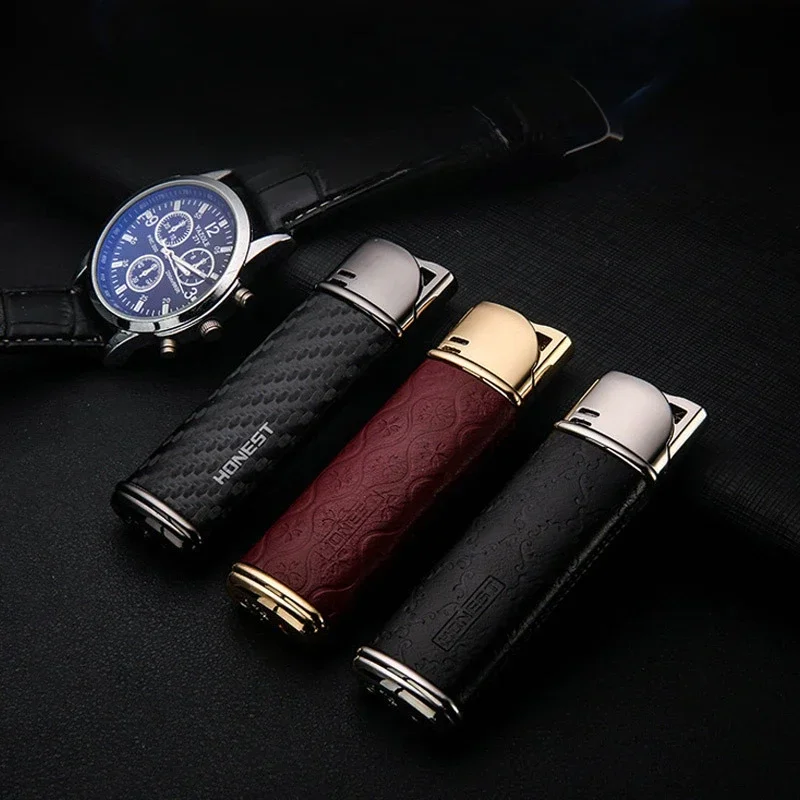 Luxury HONEST Metal Leather Cigar Torch Lighter, Refillable Butane Jet Flame, Packed In Gift Box, Empty Gas For Safe Shipping