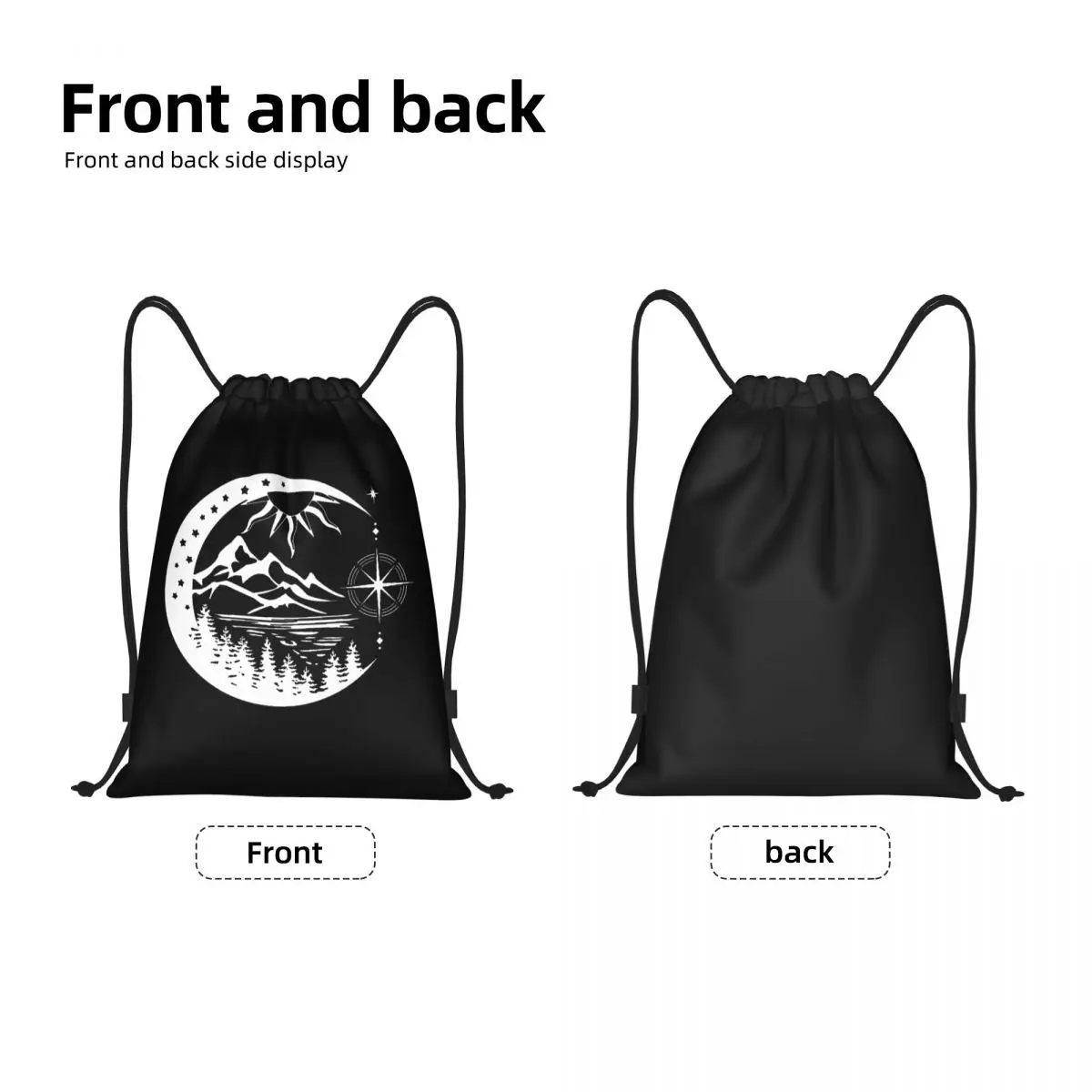 Compass Moon Mountain Drawstring Bag Men Women Portable Sports Gym Sackpack Shopping Storage Backpacks