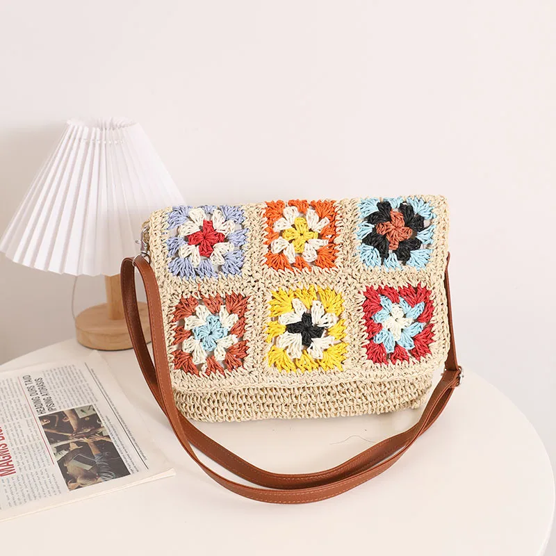 

New Contrast Color Shoulder Straw Women's Beach Bag Grandmother's Cross Shoulder Straw Woven Bag