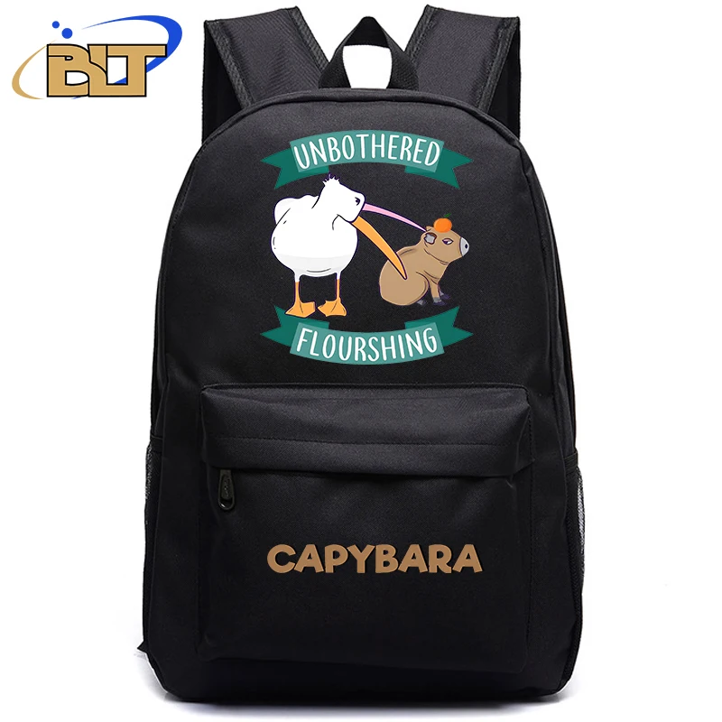 Bonito Animal Capivara Imprimir Mochila Preta, Adolescente Estudante Schoolbag, Meninos e Meninas Presente