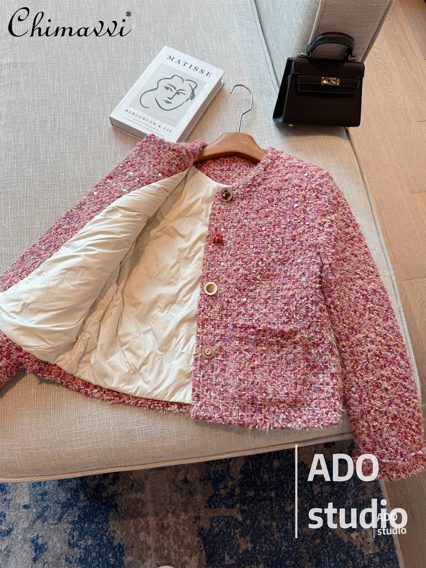 

High-End Pink Down Jacket Women Winter 2025 New Fashion French Light Luxury Long-Sleeved Sequin Tweed Thick Coat for Women